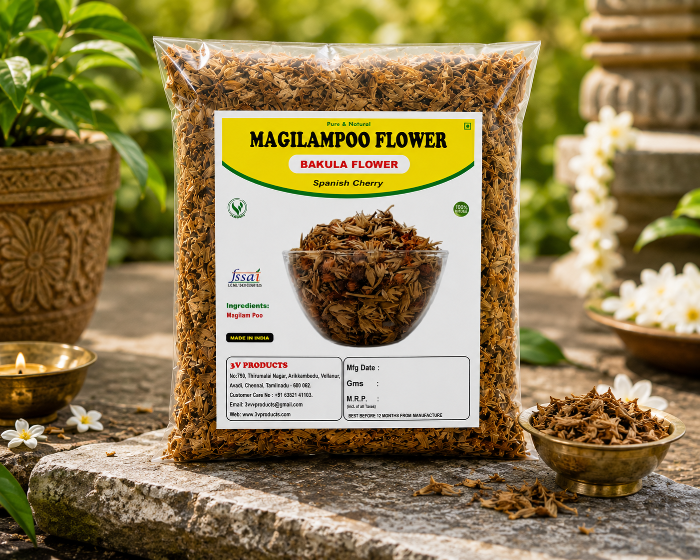 3V Products Magilampoo Flower (Bakula Flower) | Premium Dried Spanish Cherry Flowers | 100% Natural & Pure