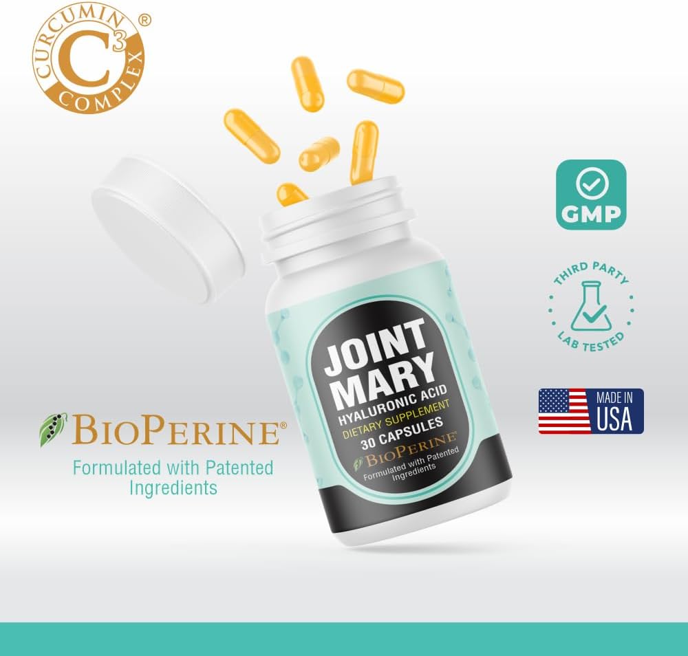 JOINT MARY Hyaluronic Acid Supplement– Advanced Joint Support with Hydrolyzed Collagen, Turmeric, Glucosamine, MSM, Vitamin C – 30 Capsules