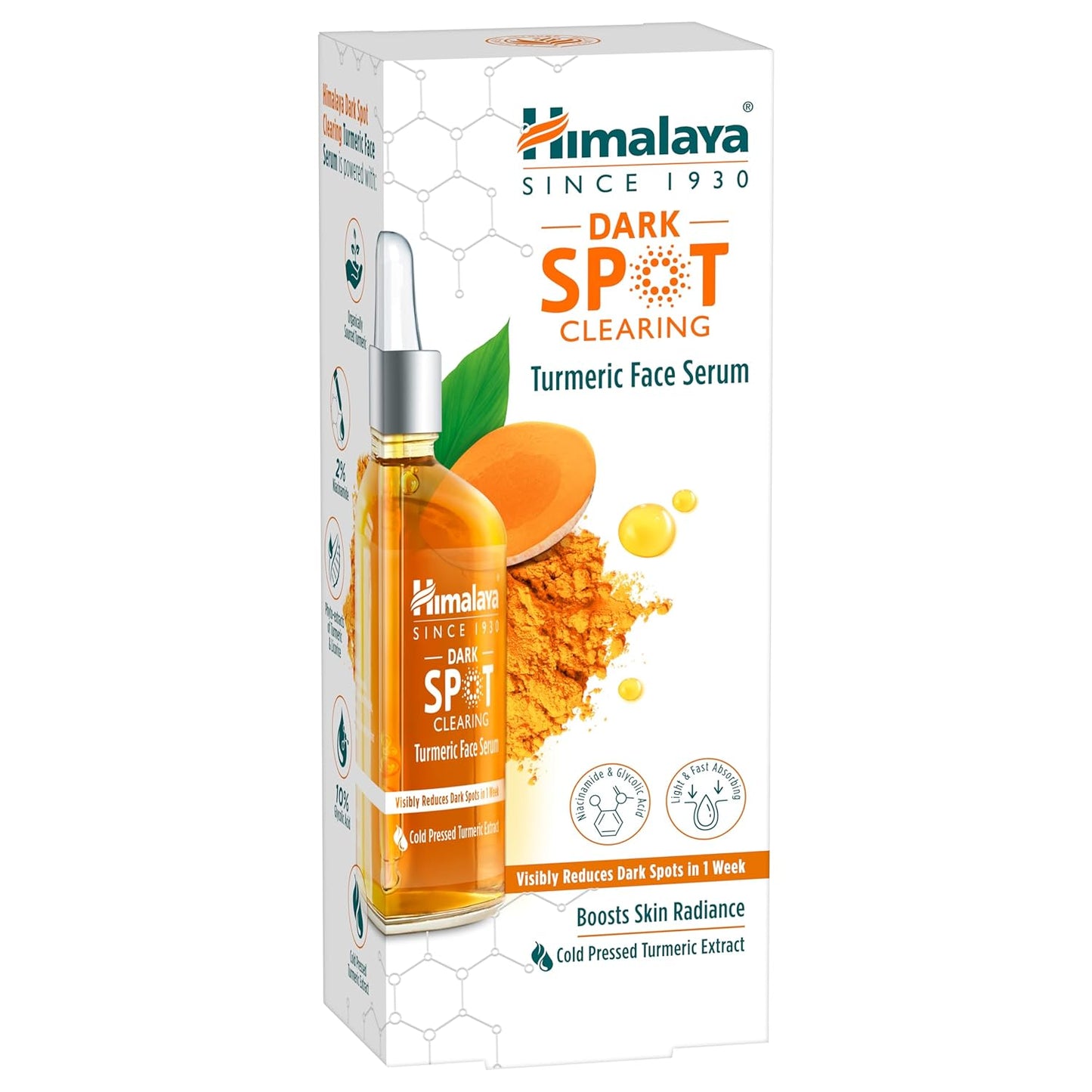 Himalaya Dark Spot Clearing Turmeric Face Serum, 30 mL | with 10% Glycolic Acid, 2% Niacinamide & Organically sourced Turmeric | Visibly Reduces Dark Spots from Day 7 | Clinically Tested | Non Staining
