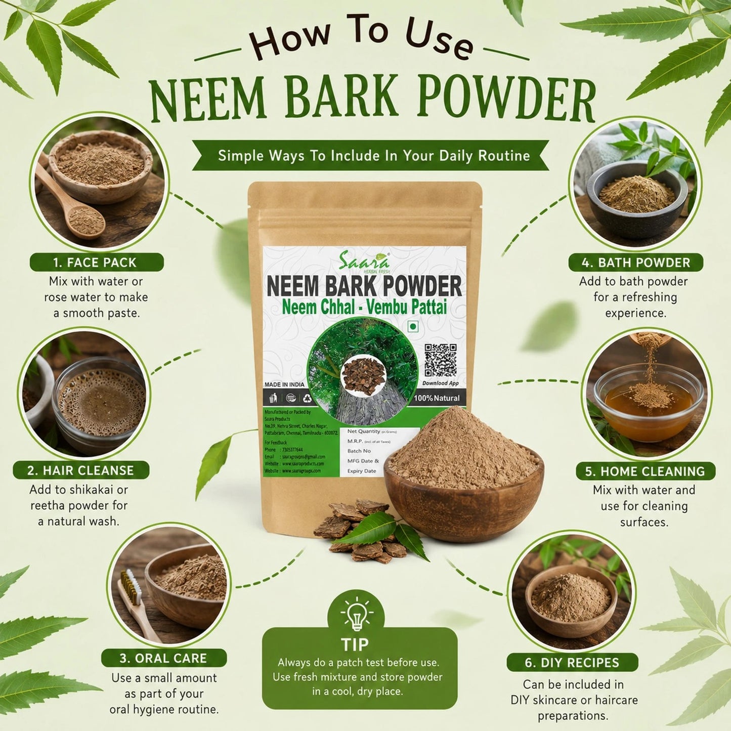 SAARA PRODUCTS Neem Bark Powder, 100g, Veppam Pattai, Neem chaal,Nimbaka, For Teeth & Skin Care (100 g)