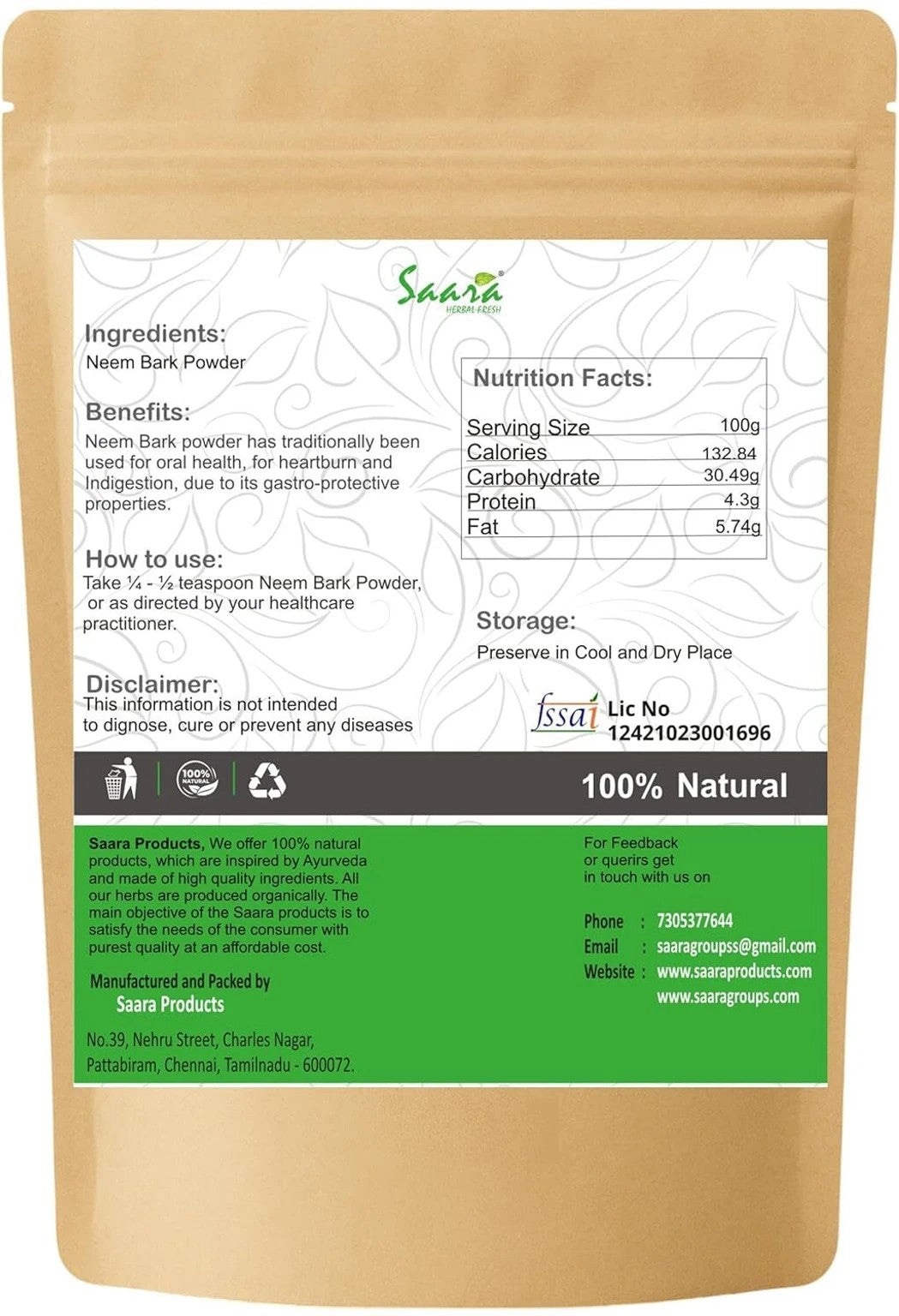 SAARA PRODUCTS Neem Bark Powder, 100g, Veppam Pattai, Neem chaal,Nimbaka, For Teeth & Skin Care (100 g)