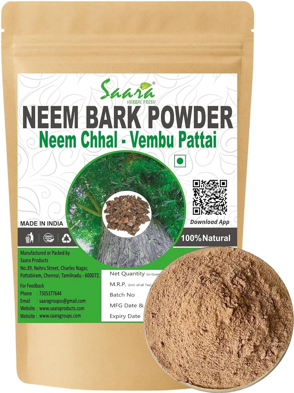 SAARA PRODUCTS Neem Bark Powder, 100g, Veppam Pattai, Neem chaal,Nimbaka, For Teeth & Skin Care (100 g)
