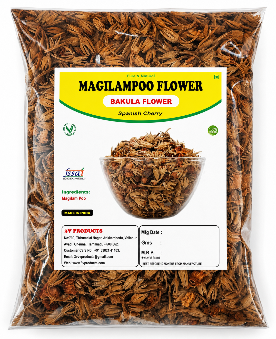 3V Products Magilampoo Flower (Bakula Flower) | Premium Dried Spanish Cherry Flowers | 100% Natural & Pure