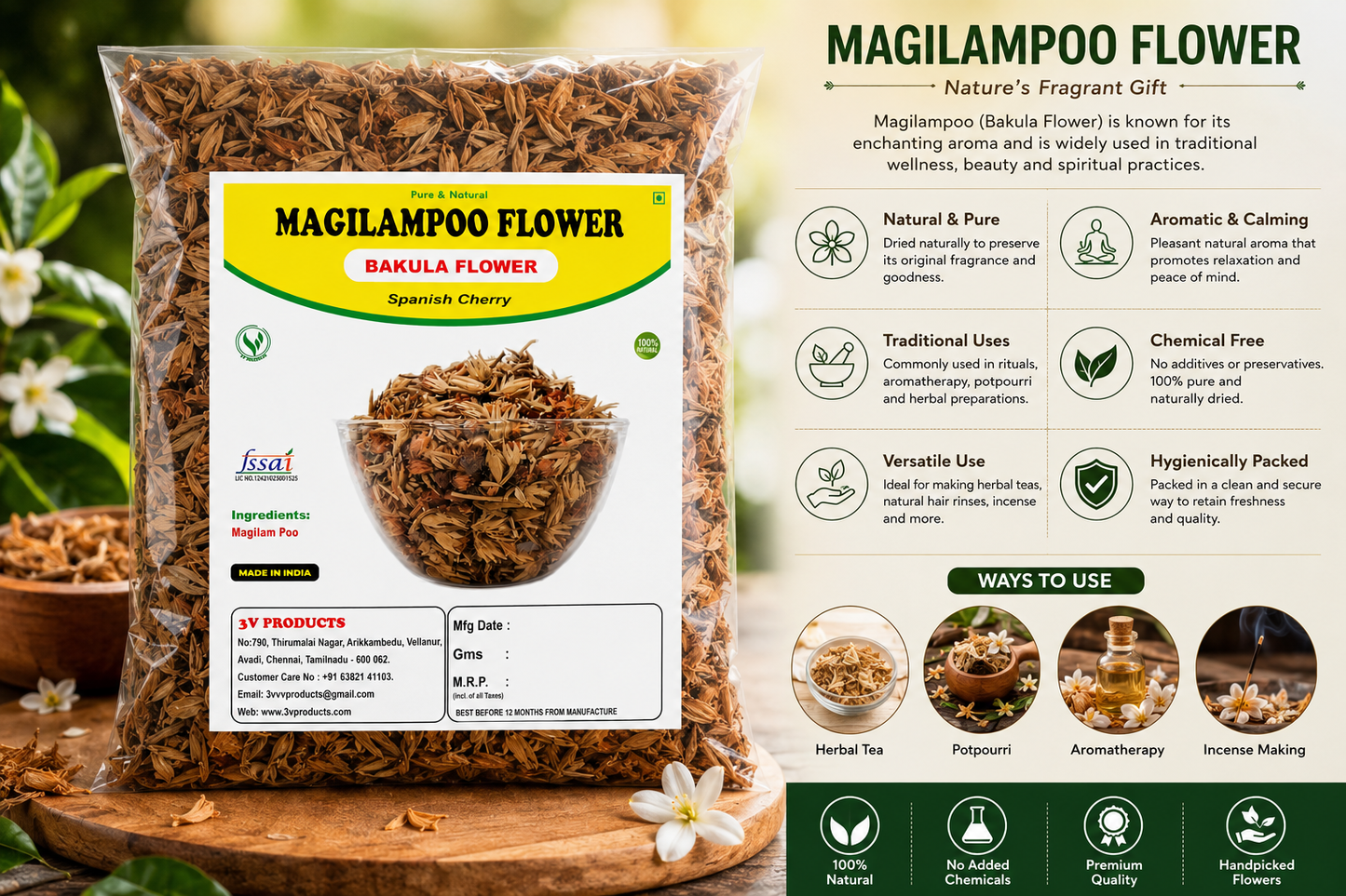3V Products Magilampoo Flower (Bakula Flower) | Premium Dried Spanish Cherry Flowers | 100% Natural & Pure