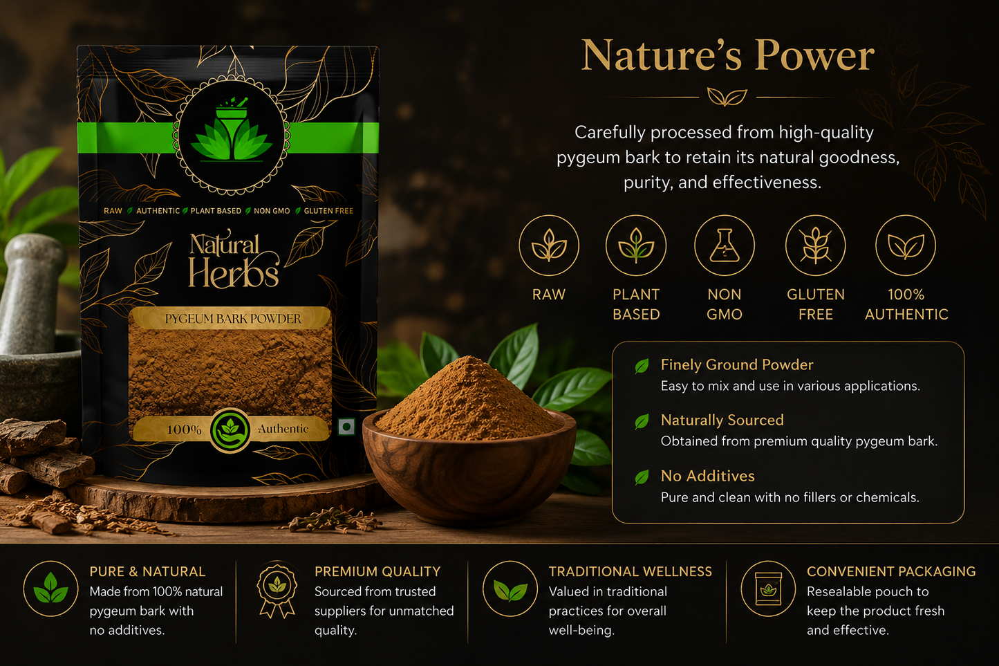 SAI HERBS Pygeum Bark Powder | 100% Natural Herbal Powder | Premium Quality | Raw, Authentic & Plant-Based