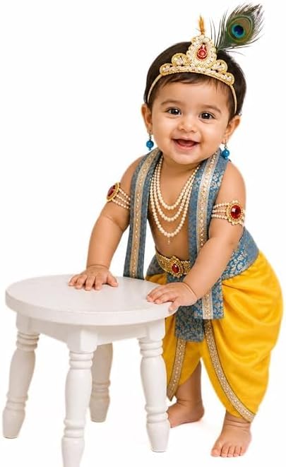Krishna Dress with ornaments yellow and morpinchh color (3/6 years)