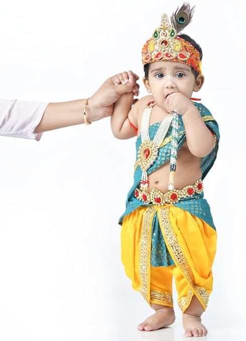 Krishna Dress with ornaments yellow and morpinchh color