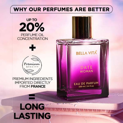 Bella Vita Luxury Date Long Lasting | Perfume for Woman | Gifts for Woman | EDP 100ml | Pink Pepper, Jasmine & Vanilla | Floral, Woody & Fruity Premium Fragrance
