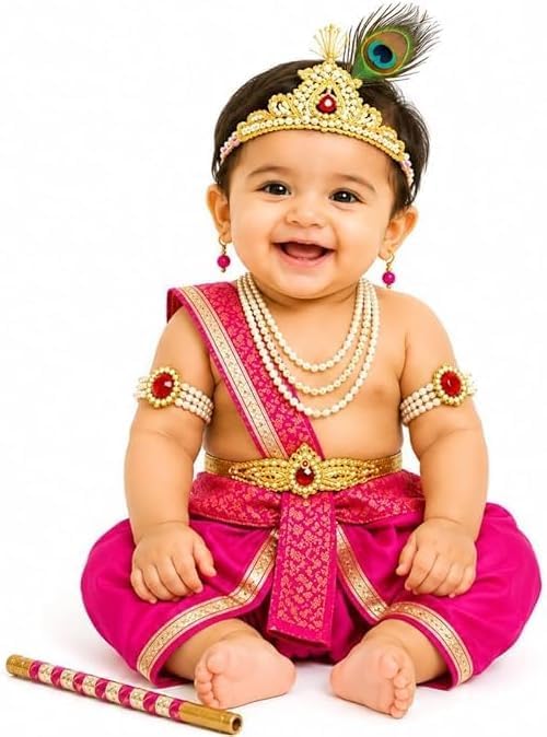 Krishna Dress with ornaments yellow and pink (1/2 years)