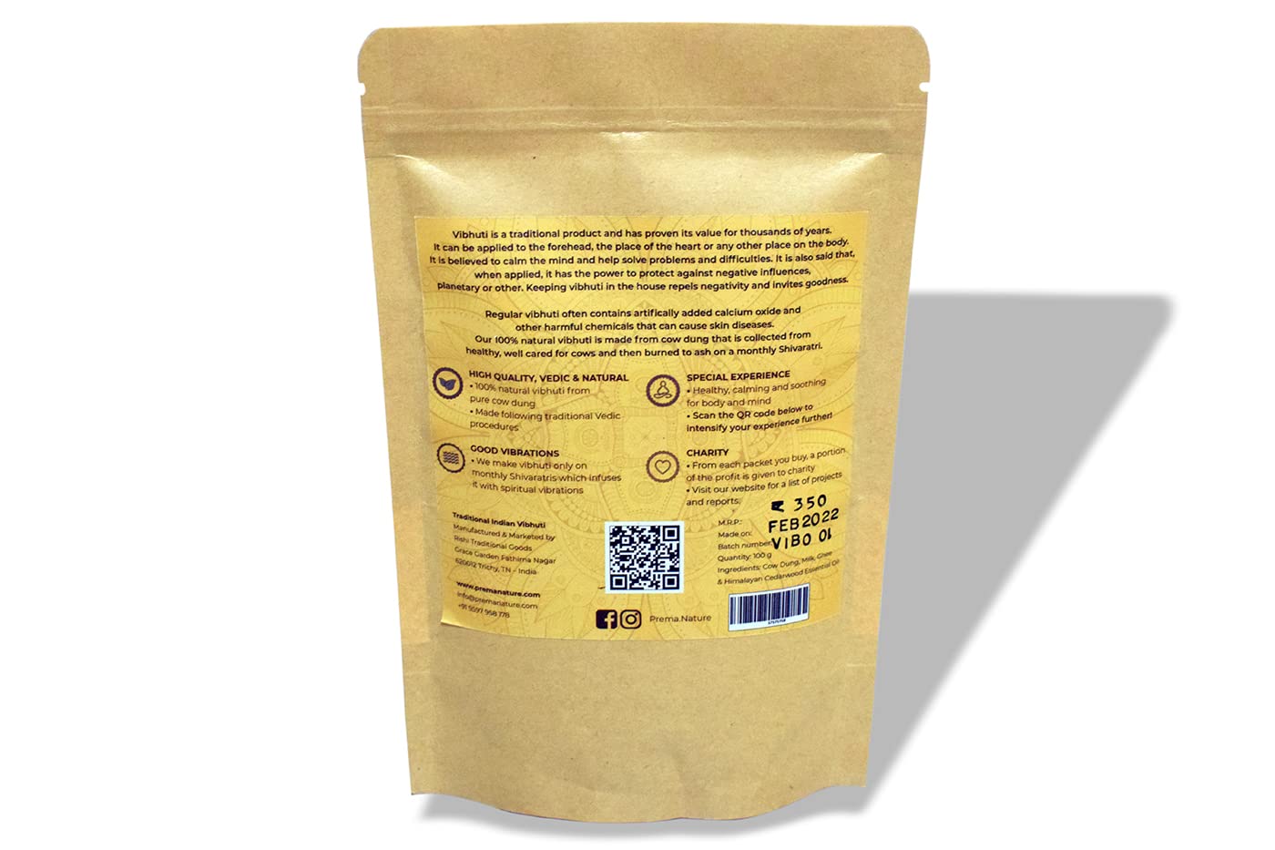 Organic Vibhuti 250G (100% Natural) Face Pack/Holy Ash/Viboothi/Bibhuti/Tambaku/Bhasma |Bhasma For Shiv Puja
