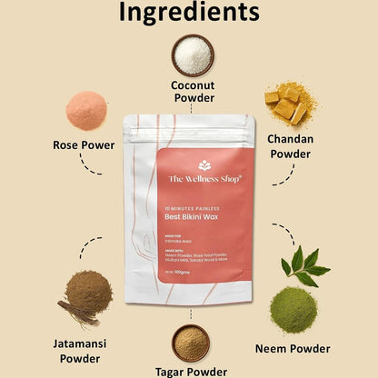 The Wellness Shop - Bikini Wax Powder 10 Minutes Herbal Hair Removal Wax Easy to use at home, No chemicals - No Irritation, No Skin rashes for Women and Girls (100g) (Bikini Wax)