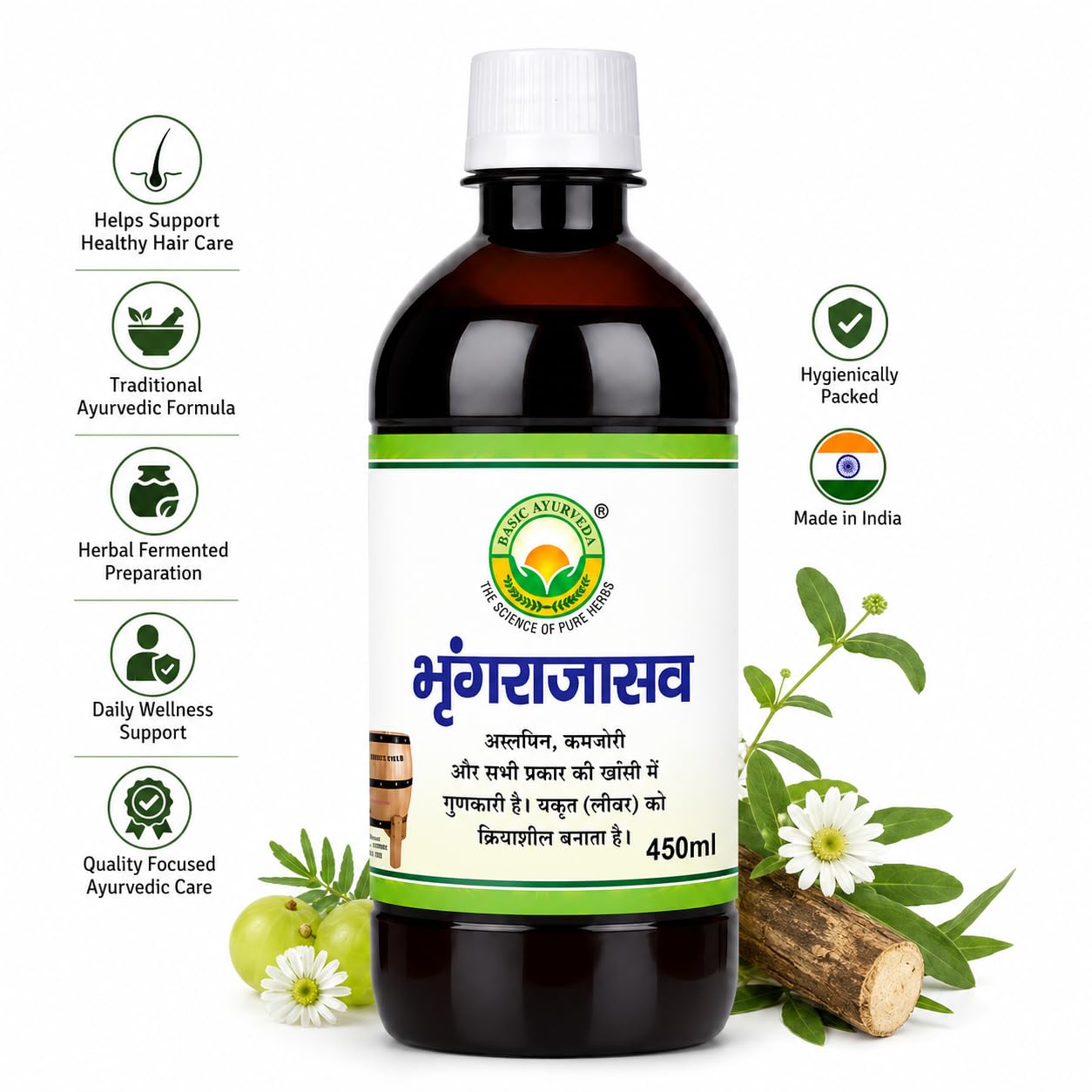 Basic Ayurveda Bhringrajasava 450ml | Ayurvedic Fermented Herbal Tonic | Supports Strength Vitality & Daily Wellness | GMP Certified