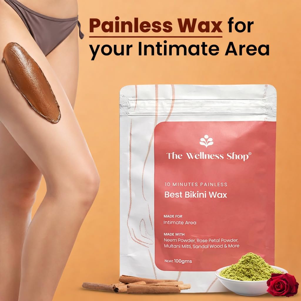 The Wellness Shop - Bikini Wax Powder 10 Minutes Herbal Hair Removal Wax Easy to use at home, No chemicals - No Irritation, No Skin rashes for Women and Girls (100g) (Bikini Wax)