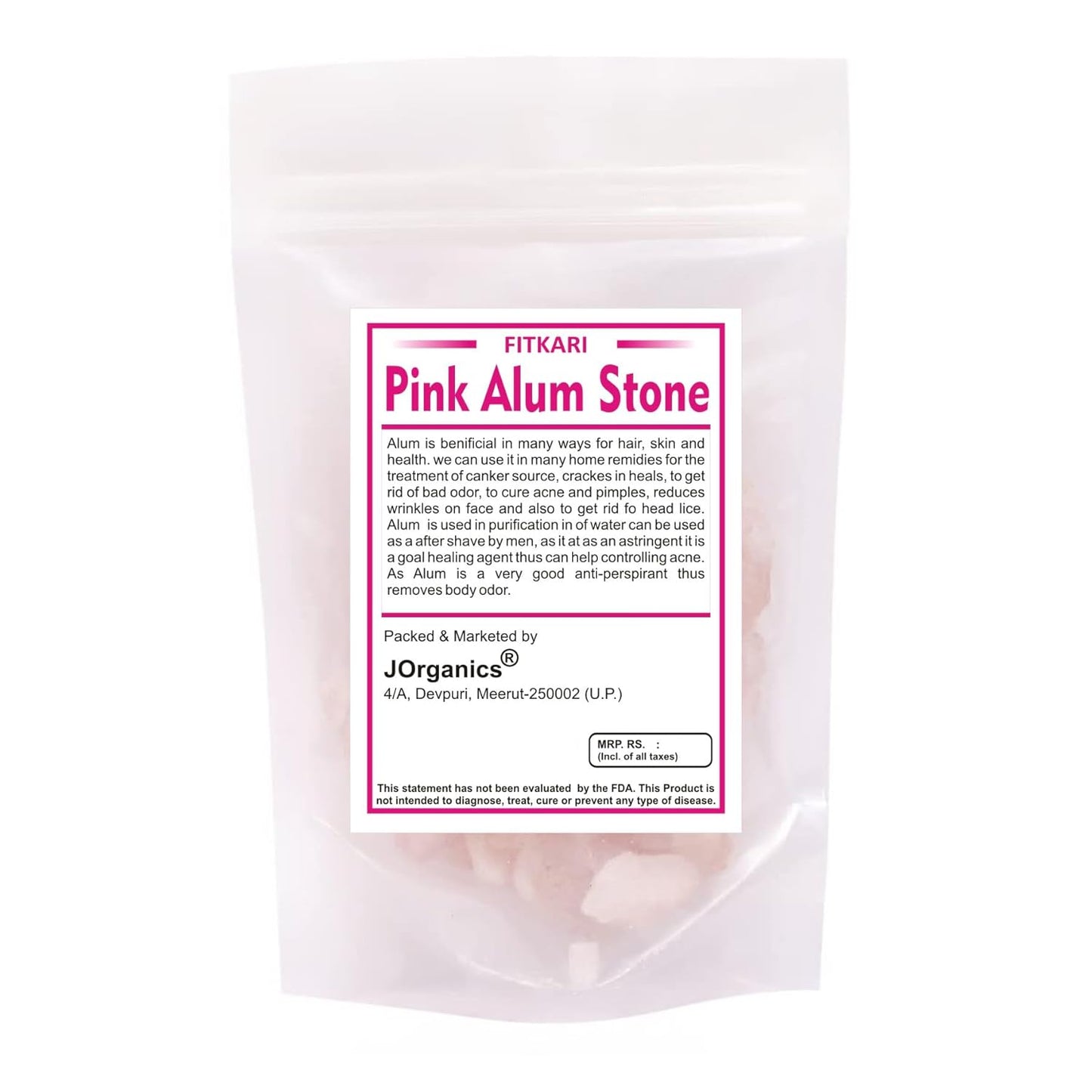 Pink Fitkari Alum for Water Purification, Sores, Teeth Cracks, Skin Care, After Shave, Deodorant - 250 gram