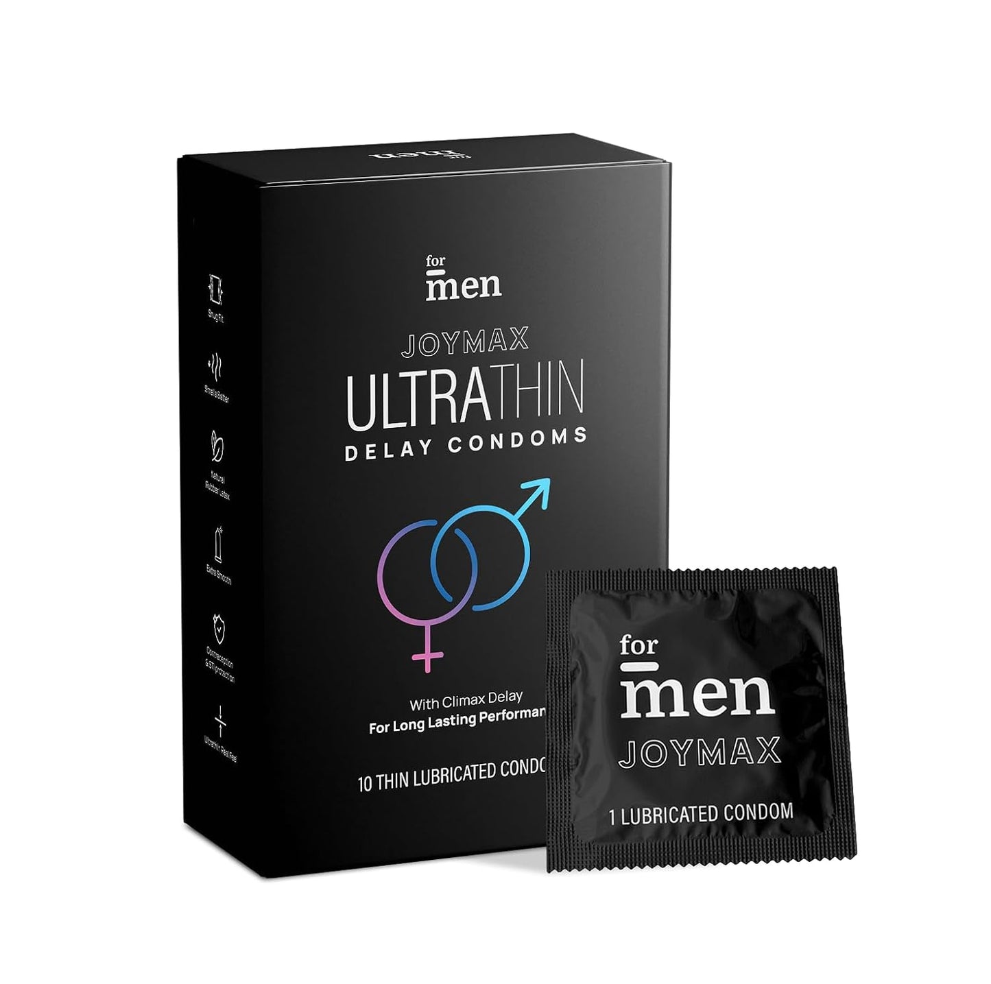 ForMen JOYMAX Ultra Thin Delay Condoms for men - 10 Count | Super Thin with Lubricant | Electronically Durability | with Disposal Pouches