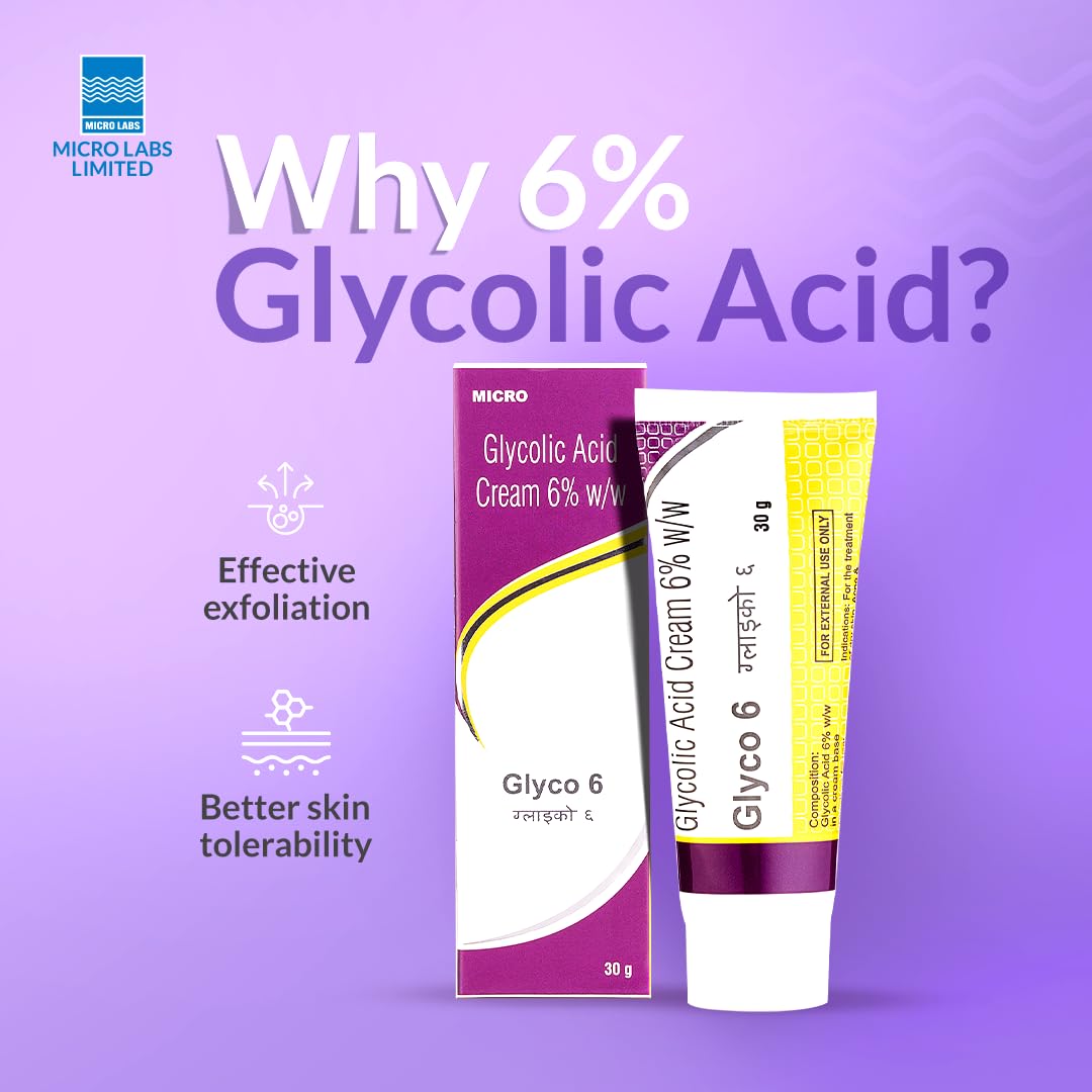 Glyco 6 Glycolic Acid Face Cream 6% w/w | Exfoliating Cream for Acne, Pimples & Dark Spots | Unclogs Pores & Improves Skin Texture | Suitable for Dry & Acne-Prone Skin | 30g