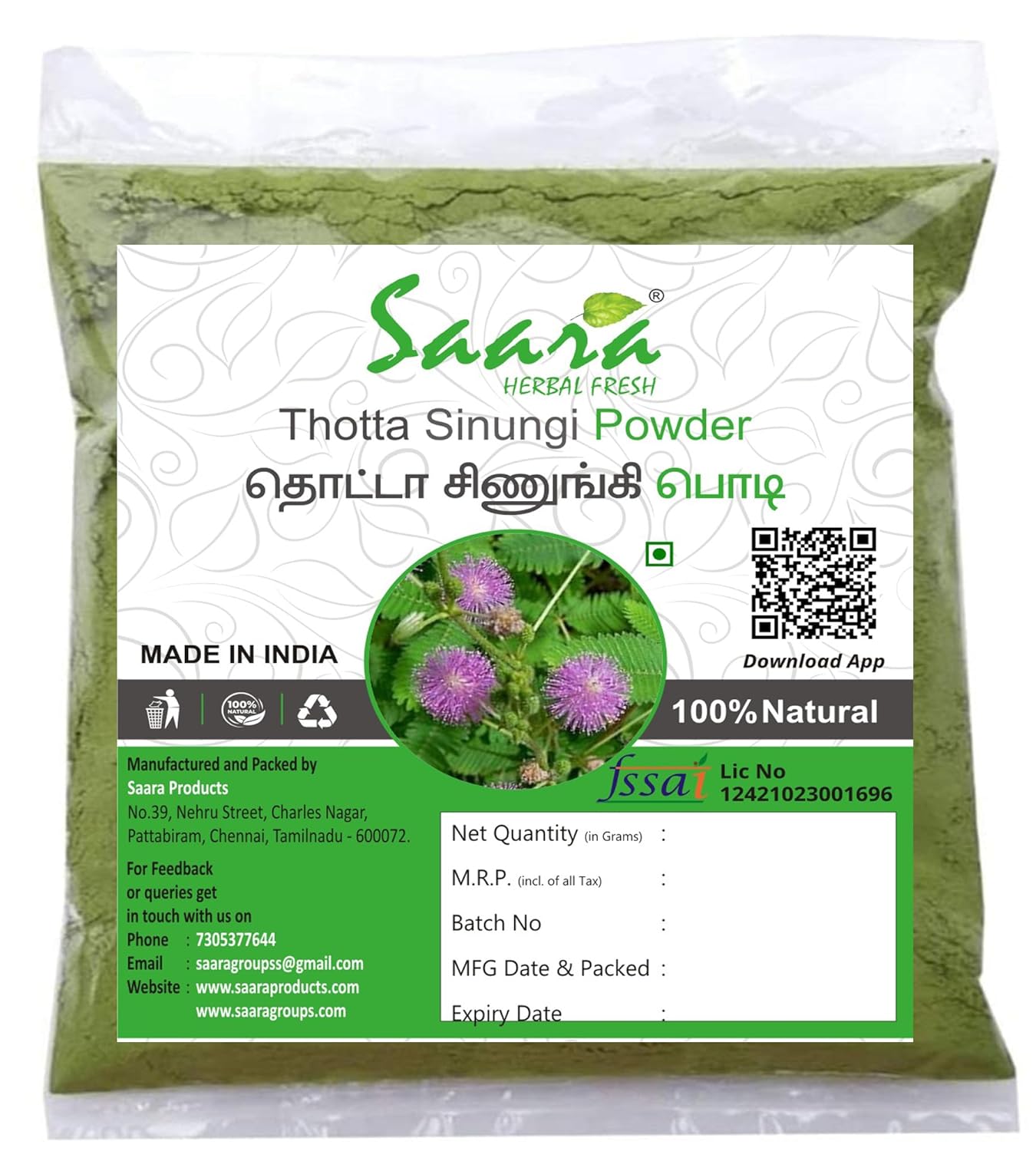 Saara HERBAL FRESH Thotta Sinungi Leaves Powder, 50g, Mimosa Pudica Powder, Mudatha Damara, Lajalu, Muttidare Muni, Thottavadi, Ajalikalika, Sleepy Plant Powder, (pack of 1 x 50g)