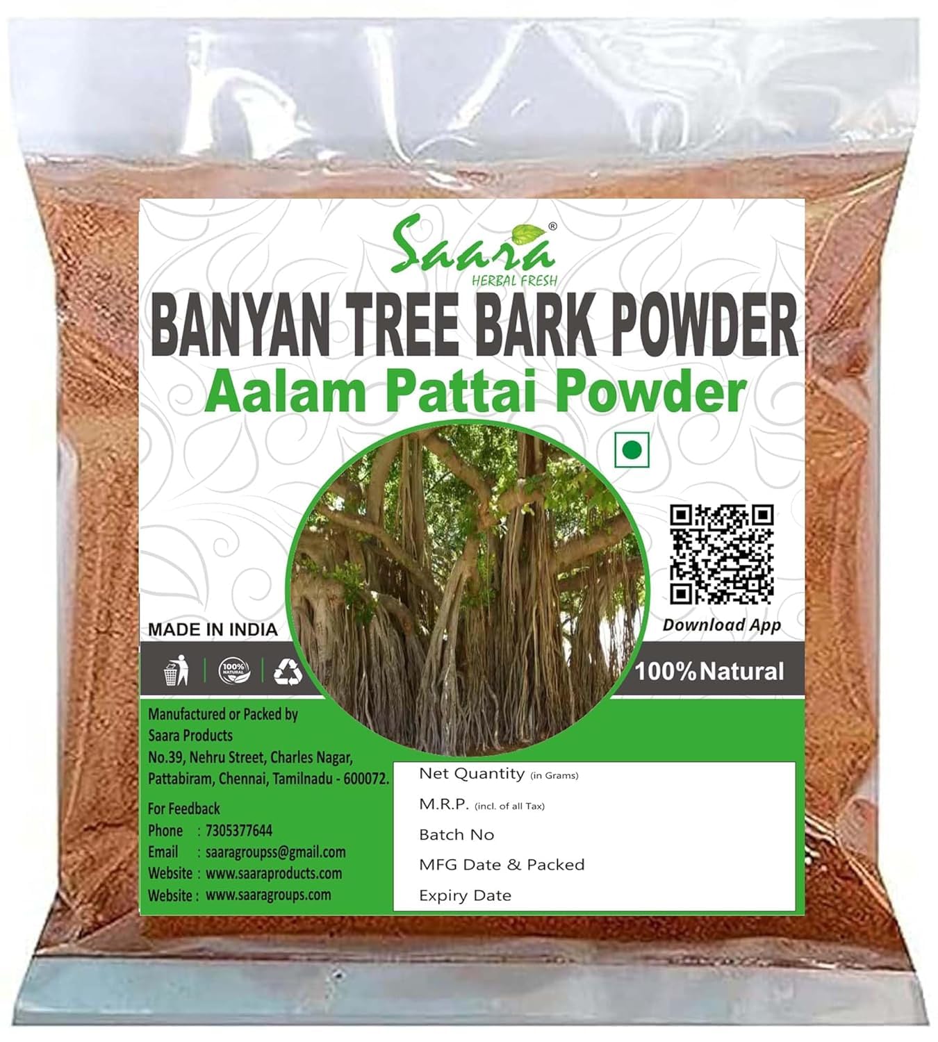 Saara HERBAL FRESH Banyan Tree Bark Powder, 300g, Aalam Pattai Podi, Bargad Chaal, Ficus Benghalensis, Marri Udala, Marri Chettu Powder, 300g