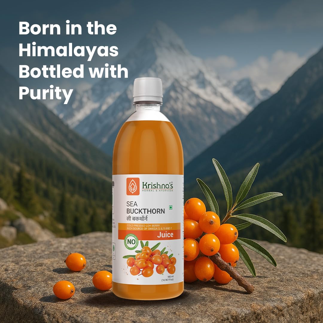 Krishna's Sea Buckthorn Juice – Herbal Blend Wellness Drink, Rich Source of Omega 3, 6, 7 & 9, No Added Sugar & No Extracts - (500 ml) Pack of 1