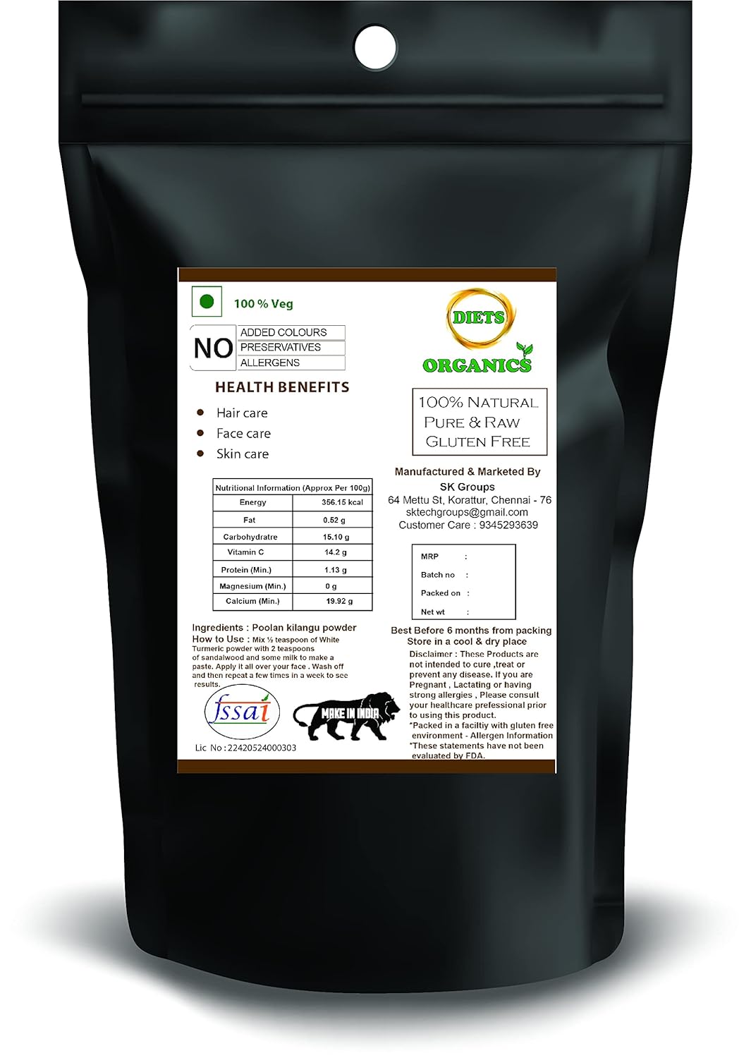 DIETS ORGANICS Poolankilangu powder | White Turmeric | Kichili Kilangu Powder for Skin Care- 200Gms