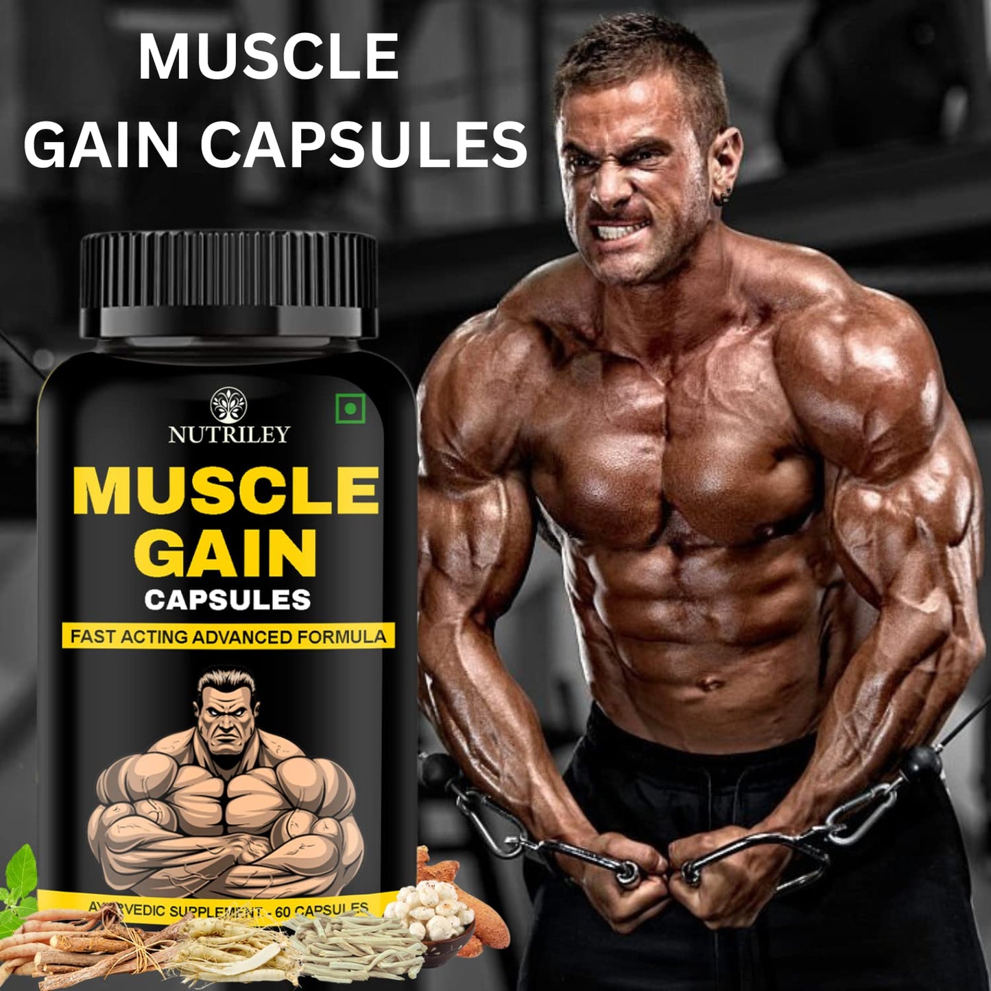 Nutriley Muscle Gainer Protein Supplement Powder, Energy & Stamina Support 60 Capsules (Pack of 1)