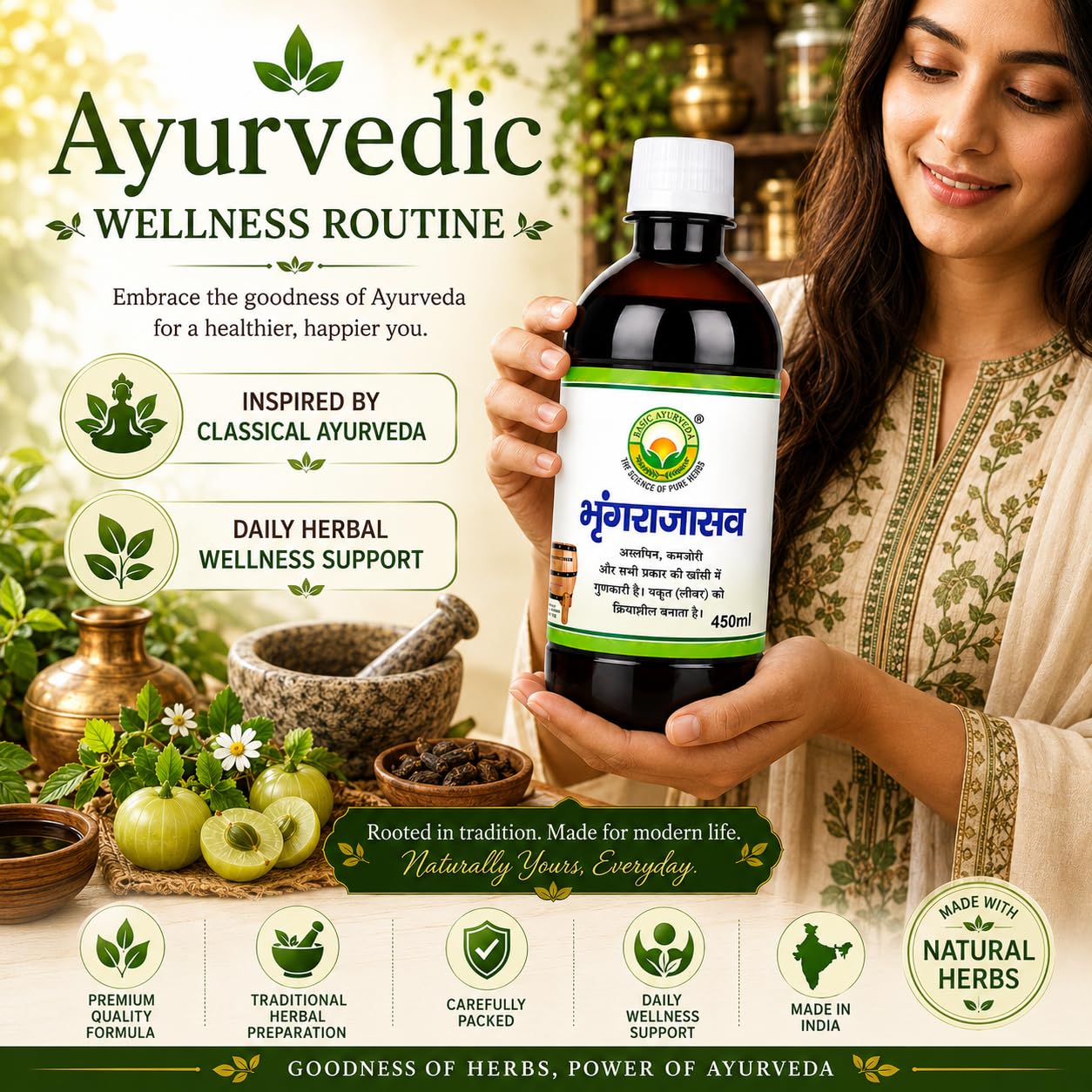 Basic Ayurveda Bhringrajasava 450ml | Ayurvedic Fermented Herbal Tonic | Supports Strength Vitality & Daily Wellness | GMP Certified