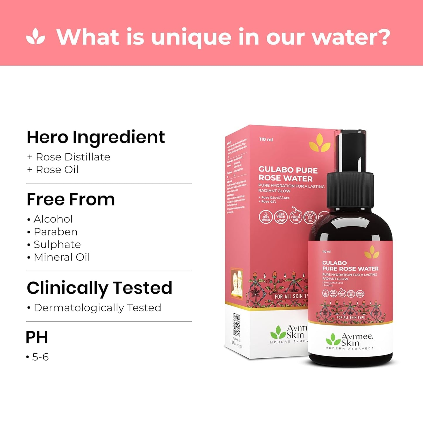 Avimee Herbal Gulabo Premium Rose Water | Skin, Face and Hair Toner | Radiant Glow | For All Skin Types | 110 ml