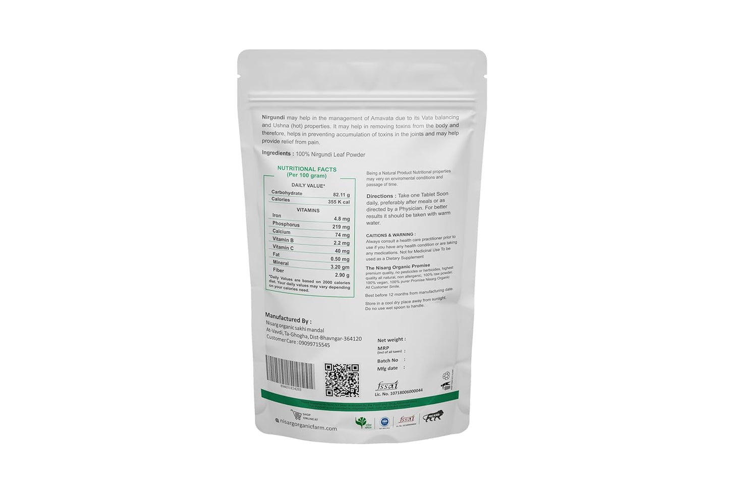NISARG ORGANIC FARM Nirgundi Leaf Powder I Pure, Natural, Organic I Nochi Leaves I Supports Joint and Bone Health I Sambhalu I Chaste Tree I I Traditional Method Made (100 gm)