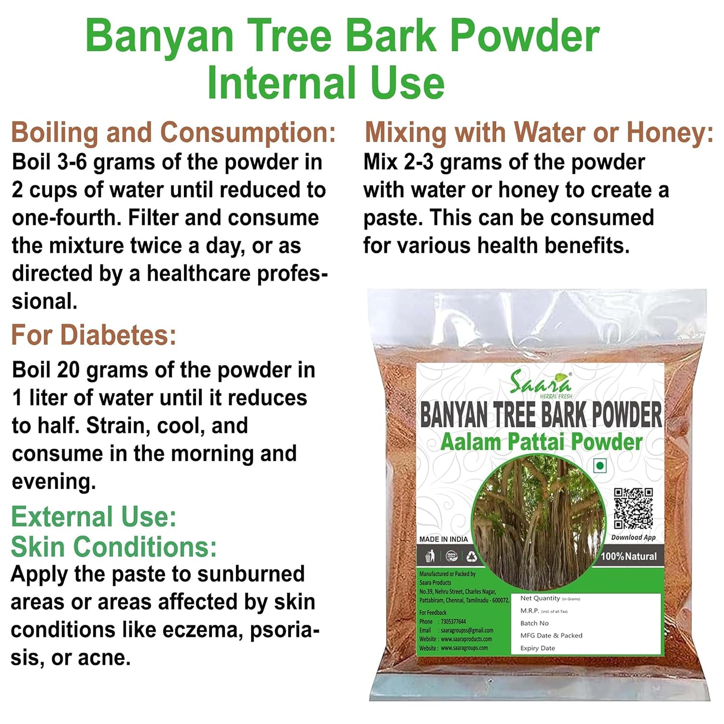 Saara HERBAL FRESH Banyan Tree Bark Powder, 300g, Aalam Pattai Podi, Bargad Chaal, Ficus Benghalensis, Marri Udala, Marri Chettu Powder, 300g