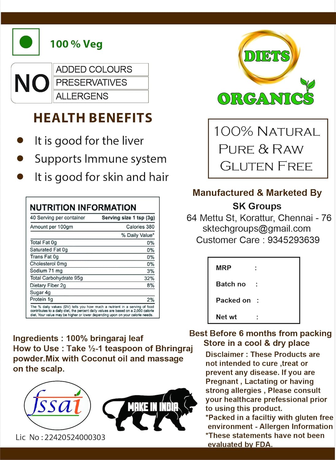 DIETS ORGANICS White Karisalankanni Powder 100gms, Bringaraj powder, Kayonni -100 Gms