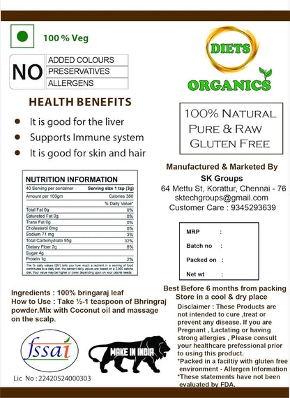DIETS ORGANICS White Karisalankanni Powder 100gms, Bringaraj powder, Kayonni -100 Gms