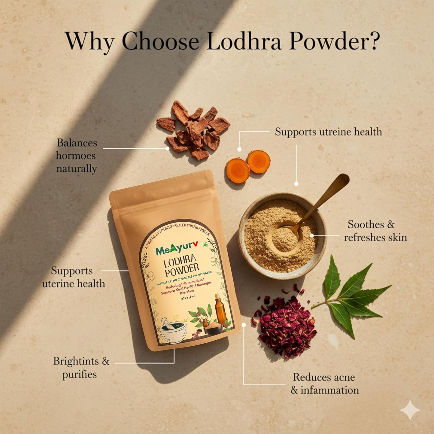 MeAyurv Organic Lodhra Powder 55g – Pure Symplocos Bark | Ayurvedic Herbal Supplement for Skin Health & Hormonal Balance | Natural, Vegan, Chemical Free