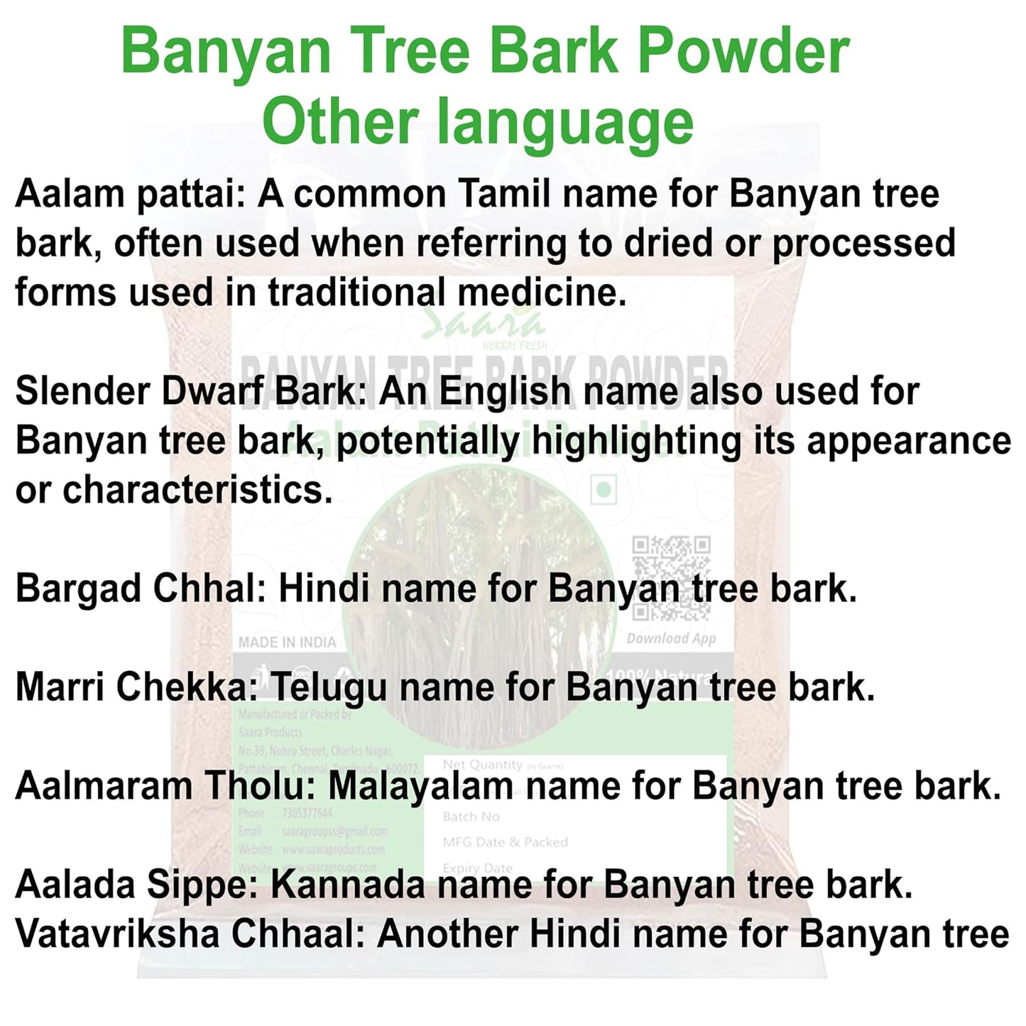 Saara HERBAL FRESH Banyan Tree Bark Powder, 300g, Aalam Pattai Podi, Bargad Chaal, Ficus Benghalensis, Marri Udala, Marri Chettu Powder, 300g