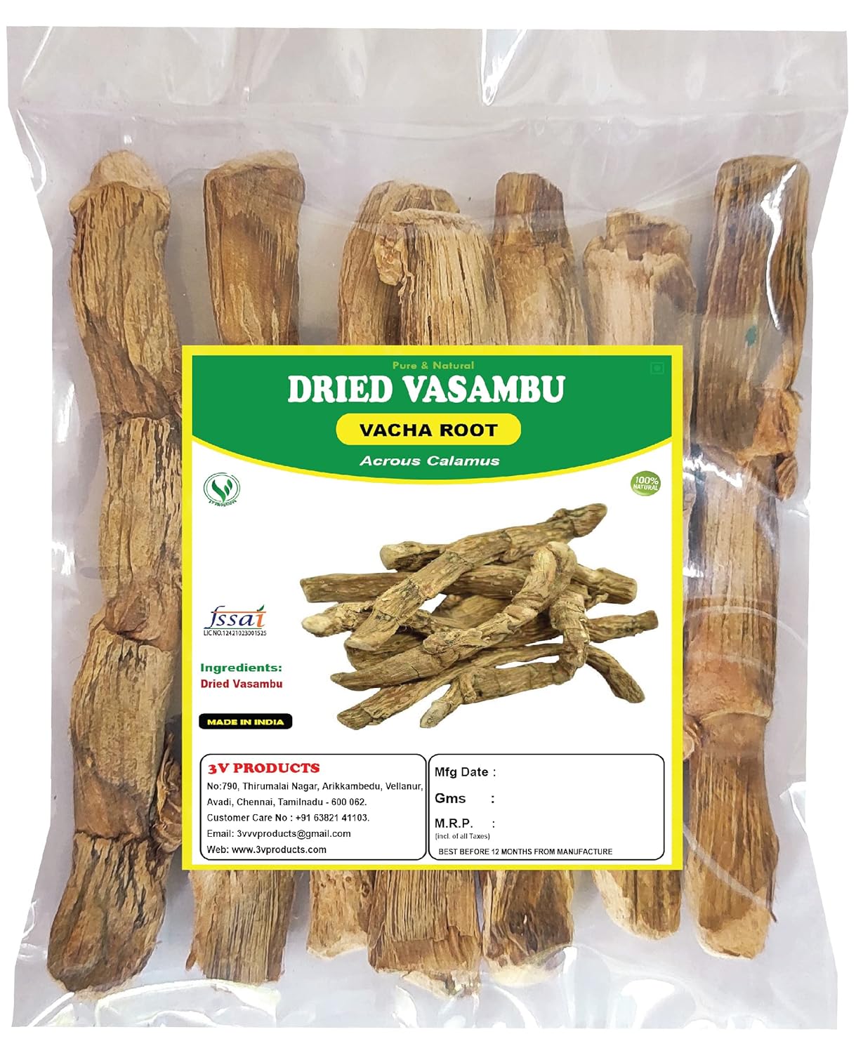3V PRODUCTS - Dried Vasambu - Vacha Root - Sweet Flag - Acrous Calamus - Vayambu Root