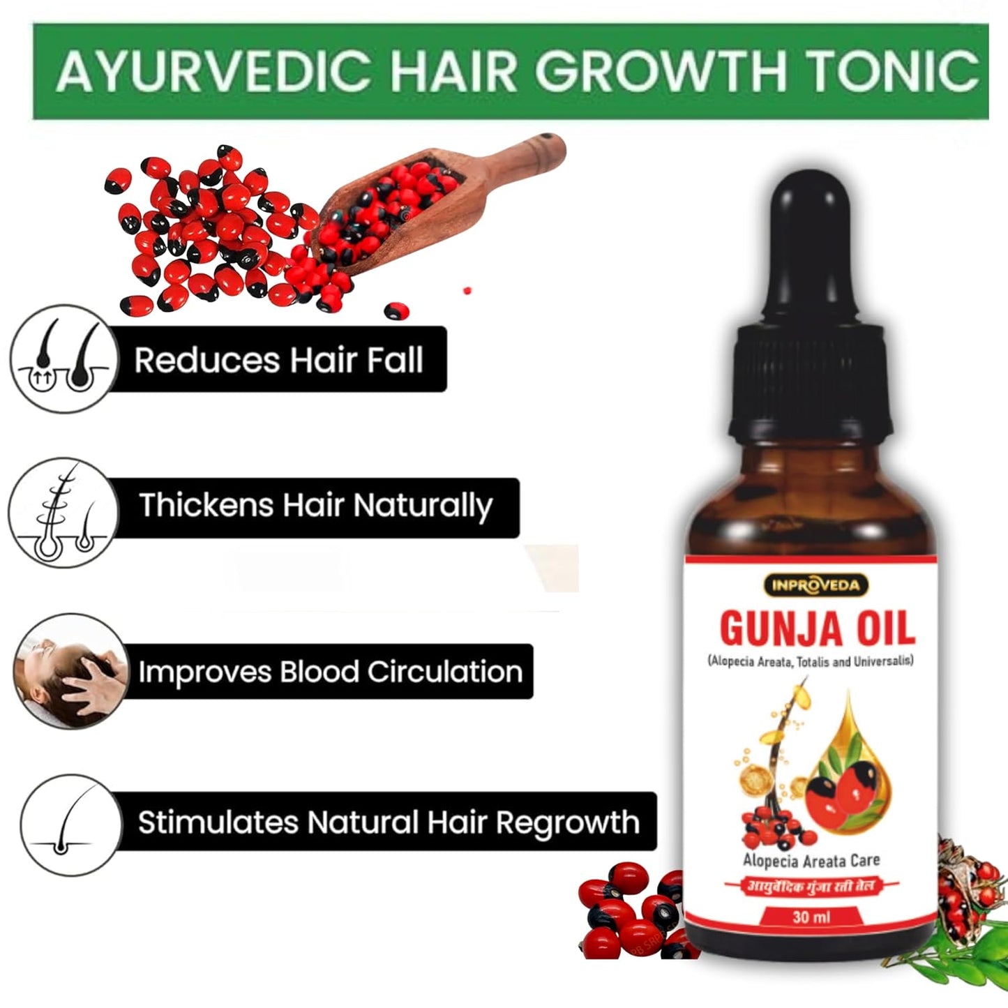 Inproveda Gunja Haircare Oil - 30ml | Alopecia Areata & Beard, Ayurvedic Hair Oil | With Amla, Gunjadi, Camphor, Jatamansi & Bhringraj - 30ml