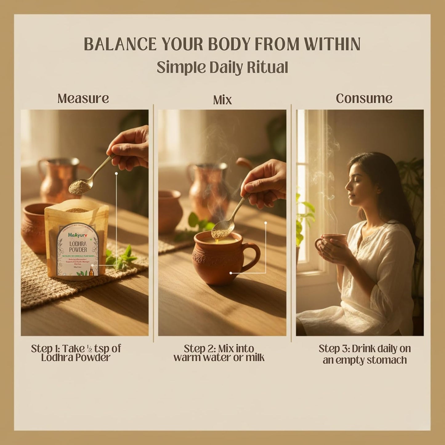 MeAyurv Organic Lodhra Powder 55g – Pure Symplocos Bark | Ayurvedic Herbal Supplement for Skin Health & Hormonal Balance | Natural, Vegan, Chemical Free
