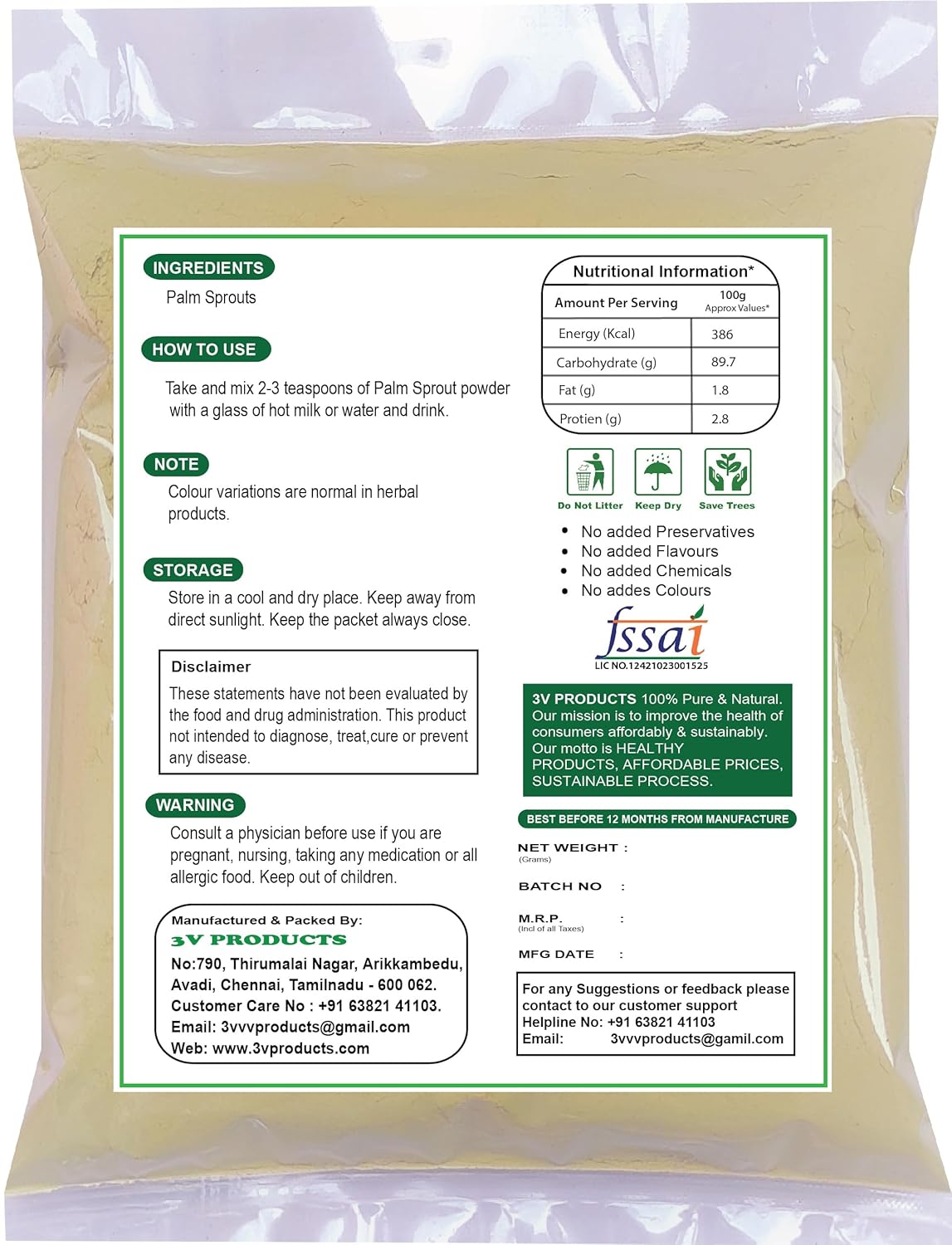3V PRODUCTS Palm Sprouts Powder 100g | Dried Palmyra Palm Root Sprouts powder | Panai Kilangu | Pana Kilangu