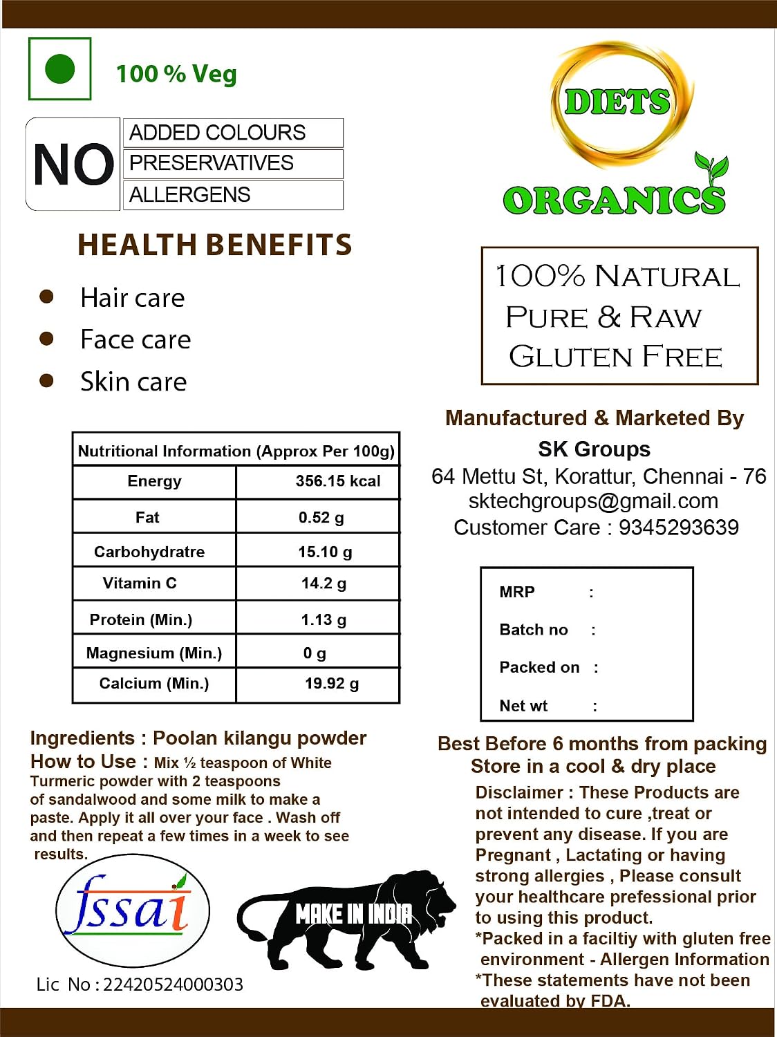 DIETS ORGANICS Poolankilangu powder | White Turmeric | Kichili Kilangu Powder for Skin Care- 200Gms