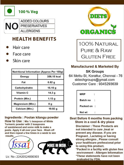 DIETS ORGANICS Poolankilangu powder | White Turmeric | Kichili Kilangu Powder for Skin Care- 200Gms