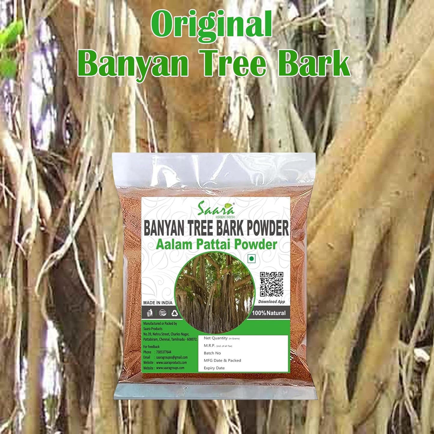 Saara HERBAL FRESH Banyan Tree Bark Powder, 300g, Aalam Pattai Podi, Bargad Chaal, Ficus Benghalensis, Marri Udala, Marri Chettu Powder, 300g