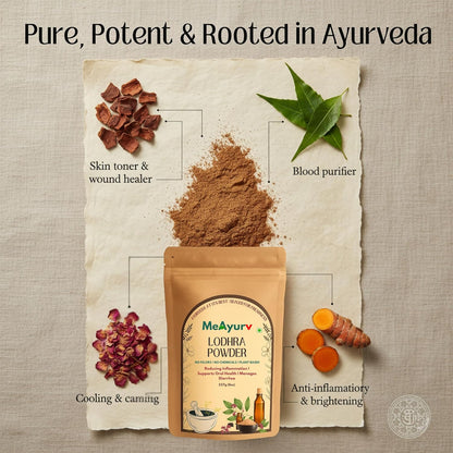 MeAyurv Organic Lodhra Powder 55g – Pure Symplocos Bark | Ayurvedic Herbal Supplement for Skin Health & Hormonal Balance | Natural, Vegan, Chemical Free