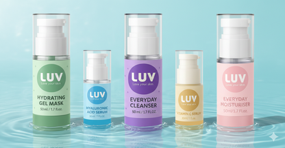 LUV COSMETICS - EVERYDAY MOISTURIZER, VITAMIN C SERUM, HYALURONIC ACID SERUM, HYDRATING GEL MASK, EVERYDAY CLEANSER