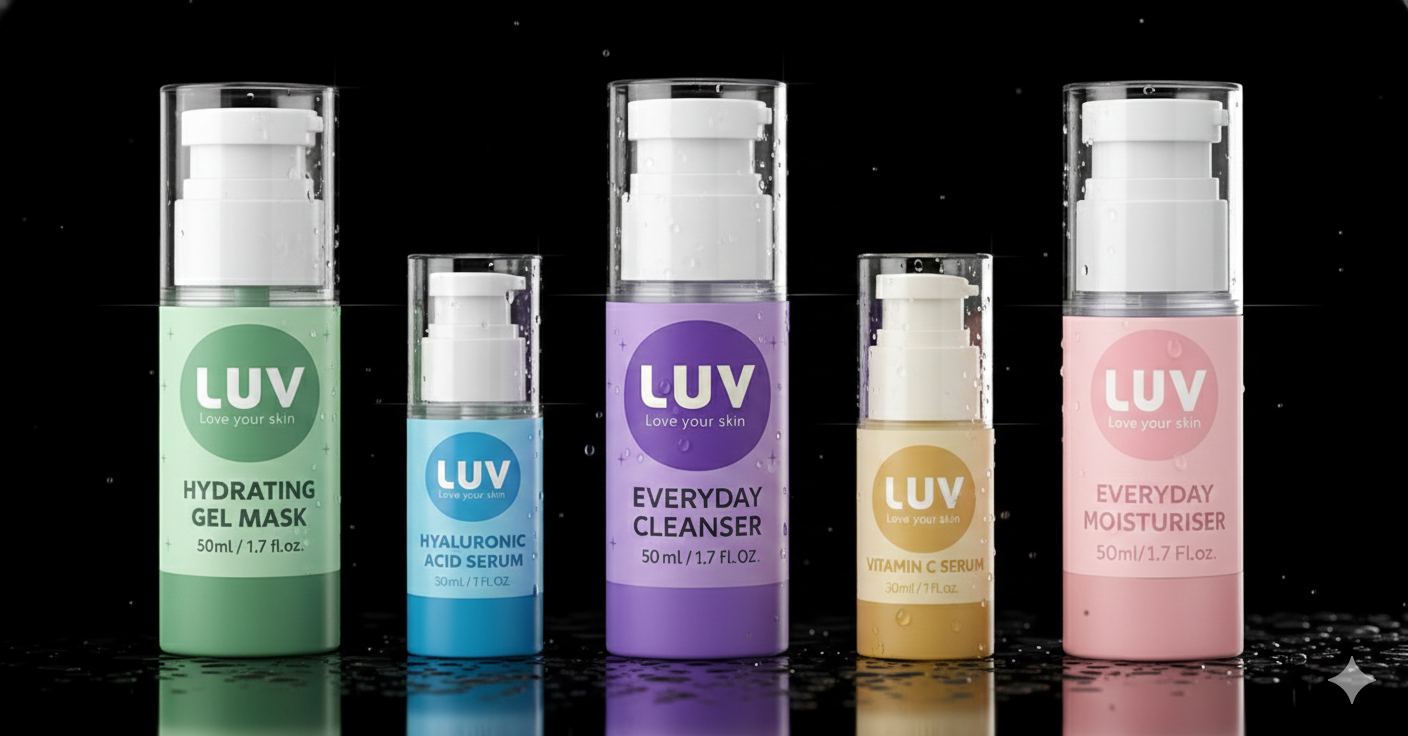 LUV COSMETICS - EVERYDAY MOISTURIZER, VITAMIN C SERUM, HYALURONIC ACID SERUM, HYDRATING GEL MASK, EVERYDAY CLEANSER