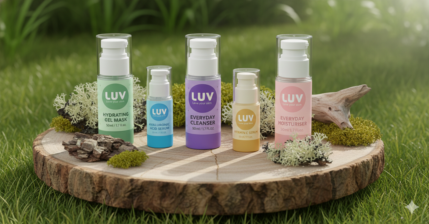 LUV COSMETICS - EVERYDAY MOISTURIZER, VITAMIN C SERUM, HYALURONIC ACID SERUM, HYDRATING GEL MASK, EVERYDAY CLEANSER