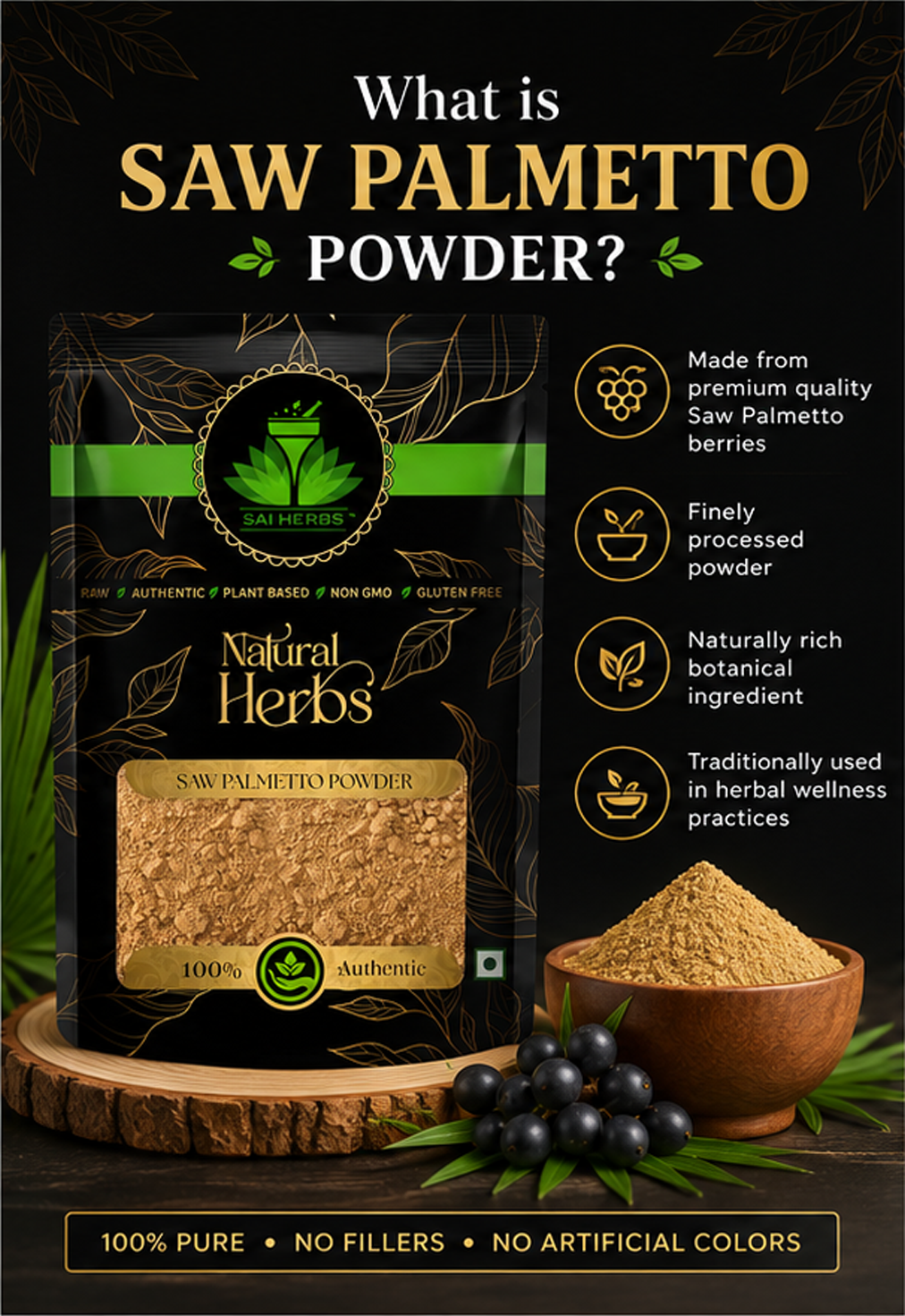 SAI HERBS Saw Palmetto Powder | Premium Natural Herbal Powder | 100% Pure | Raw, Plant-Based & Authentic