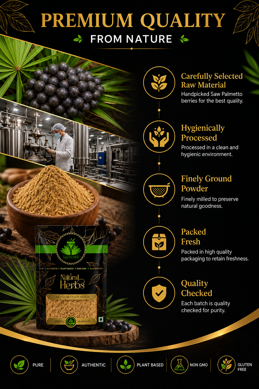 SAI HERBS Saw Palmetto Powder | Premium Natural Herbal Powder | 100% Pure | Raw, Plant-Based & Authentic